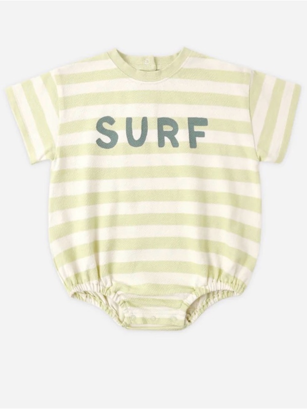 Rylee + Cru Green Striped 'SURF' Baby Romper